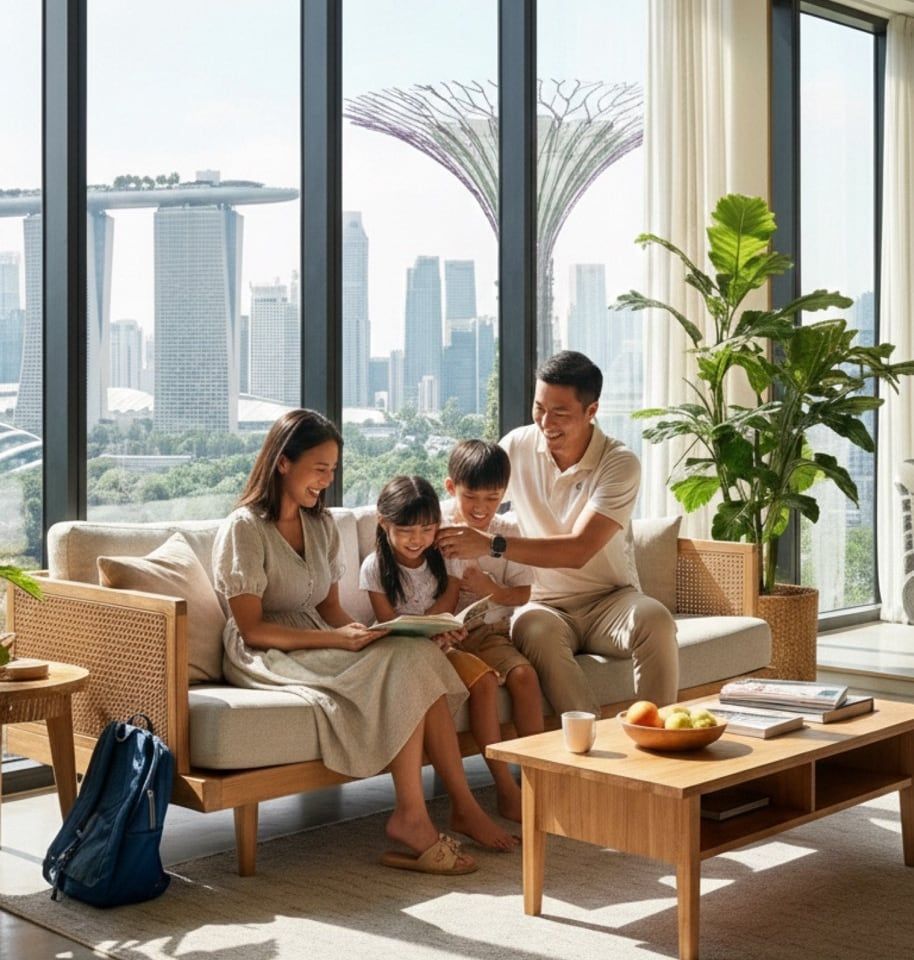 A family reading together on the sofa at home, with the Singapore skyline behind them