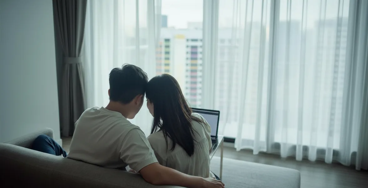 Couple looking at a laptop together on their sofa