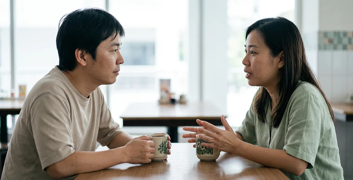 Two people having a serious conversation across a table