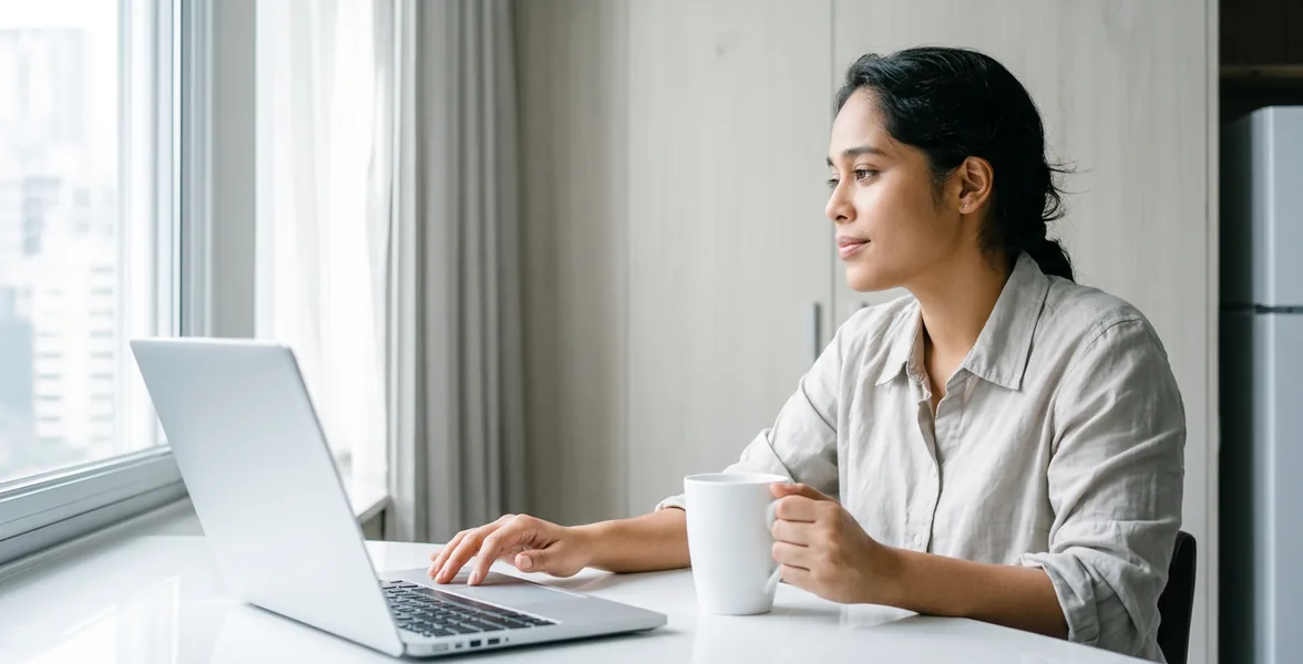 Woman writing her will on a laptop with a coffee