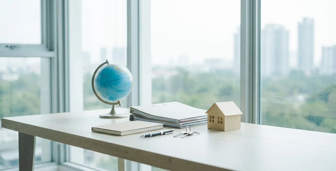 A globe and a model house on a desk by a window