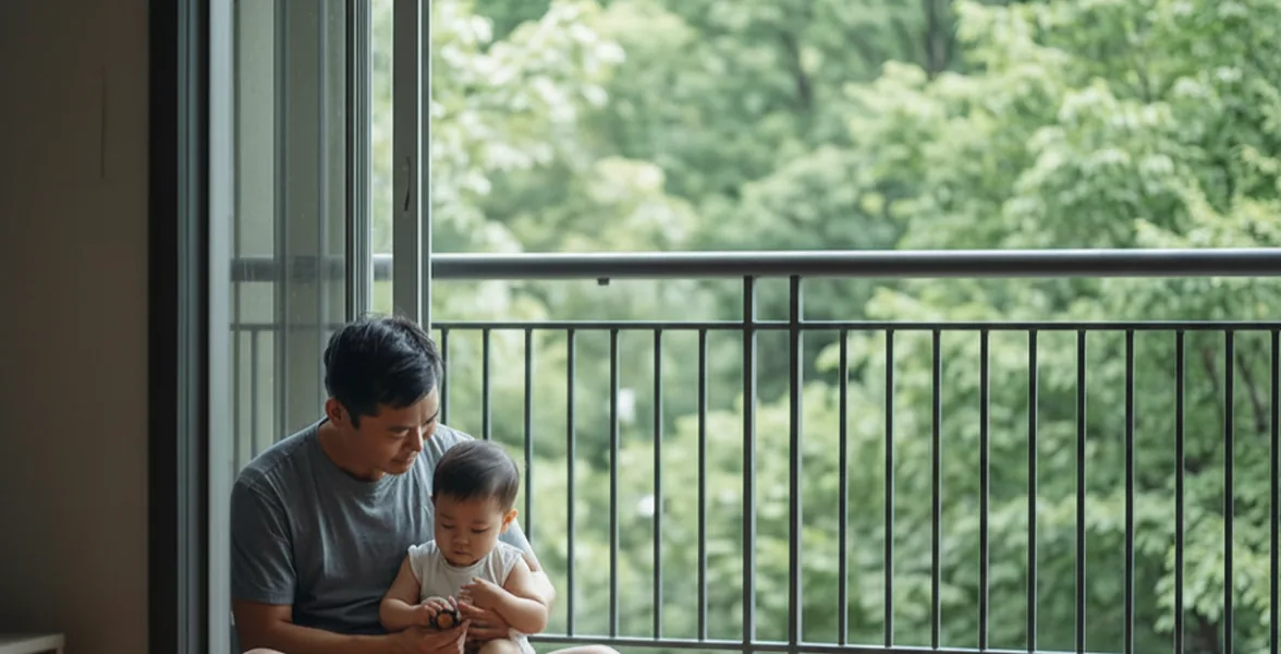 A parent holding a young child on a balcony