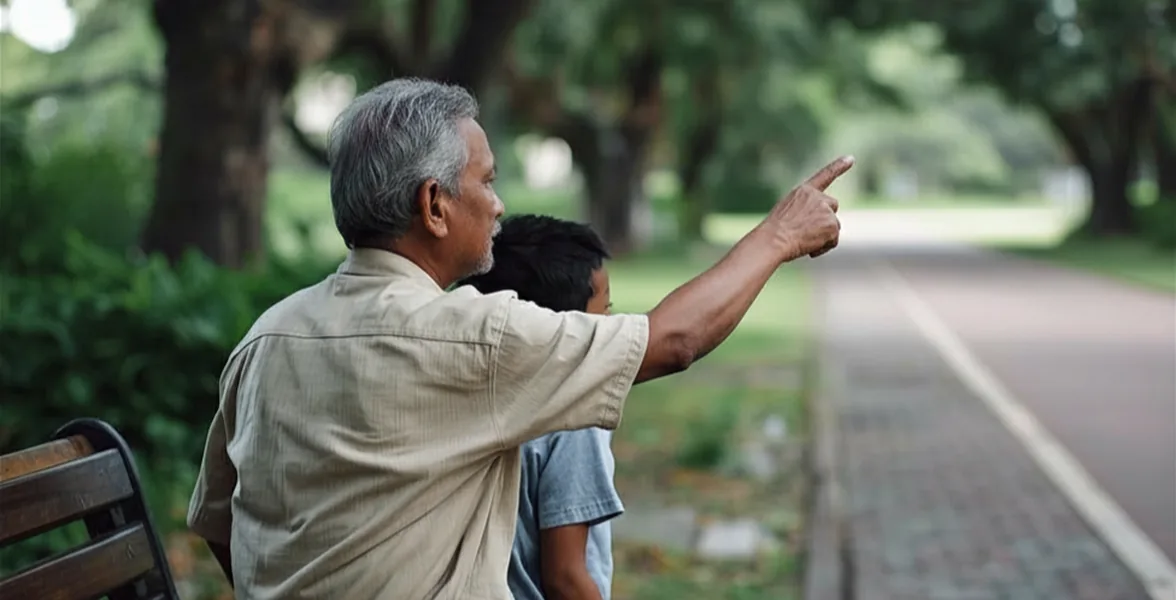 An older man and a child looking out over a park
