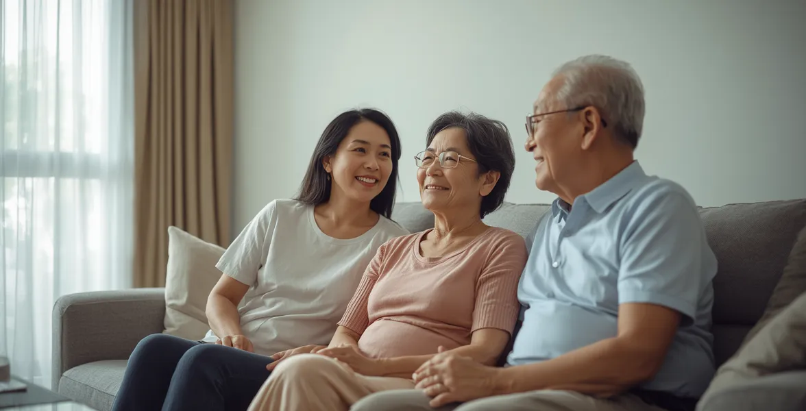 Three generations of a family sitting together on a sofa at home