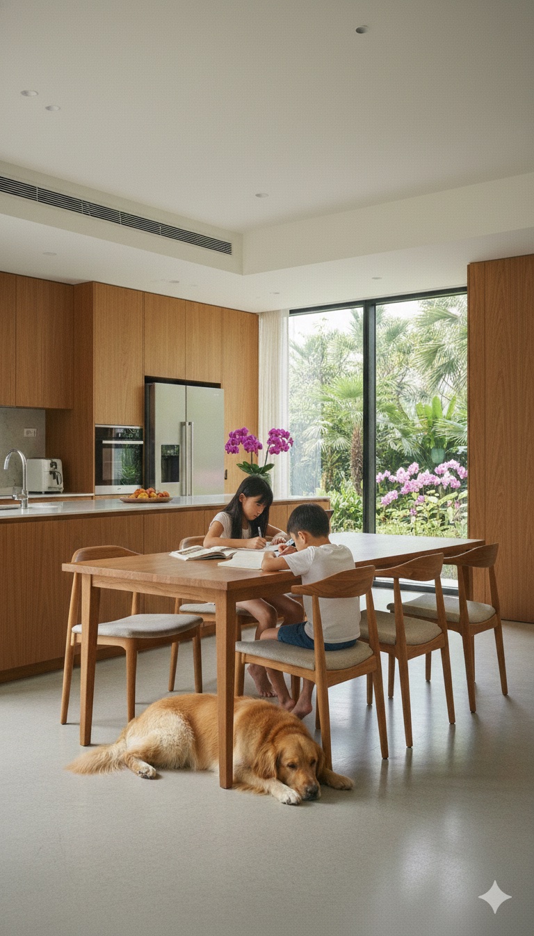 Children studying at home with pet dog